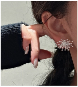 Macro shot of silver fireworks stud earring in a 3D starburst design on a model