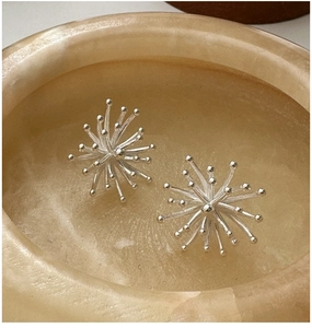 Detail of S925 sterling silver fireworks earrings with polished starburst shape