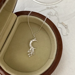 Elegant S925 sterling silver star and moon pendant necklace displayed in a premium wooden box