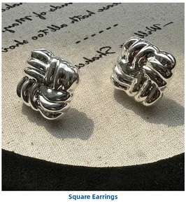 Detailed close-up of S925 sterling silver square knot earrings with a high-polished finish