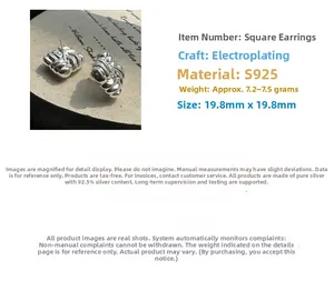 Macro shot of S925 sterling silver square earrings with textured wavy metal surface
