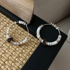 Handcrafted S925 silver hoop earrings with white shell beads and wood charms