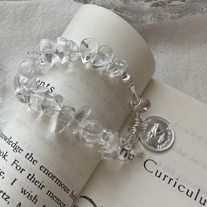S925 Sterling Silver White Crystal Bracelet For Women Retro Minimalist Bird Tag Round Coin Pendant Beaded Bracelet Jewelry