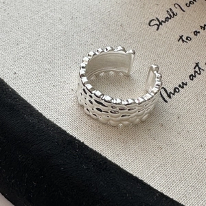S925 sterling silver open ring with vintage hammered lava texture and adjustable band
