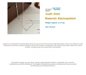 Close-up of S925 sterling silver heart necklace with adjustable length and polished finish