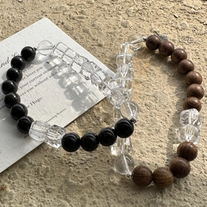 925 Sterling Silver White Crystal Natural Wood Bead Bracelet For Women Korean Minimalist Elastic Rope Beaded Jewelry Gift