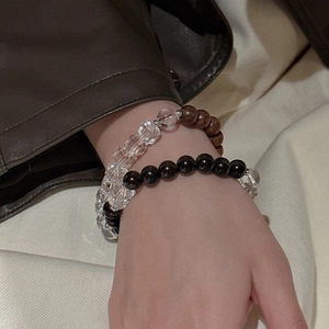 S925 sterling silver beaded bracelet with clear crystal and brown wood beads for daily wear