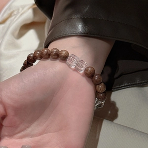 Minimalist S925 silver bracelet with dark wood beads and clear crystal accents