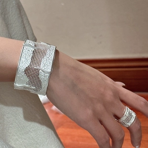 Minimalist S925 sterling silver open bracelet and ring set with mesh texture design