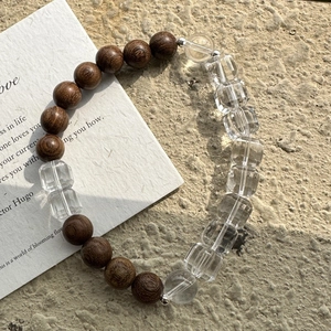 Minimalist S925 silver bracelet with brown wood beads and faceted white crystals