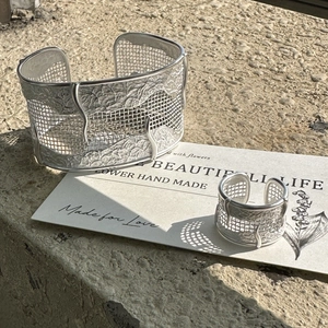 Artistic S925 sterling silver mesh cuff bracelet and ring set with relief wave textures