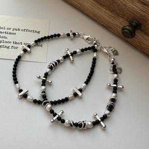 S925 Sterling Silver Vintage Beaded Bracelet For Women Black Agate Beads Cross Pendant Adjustable Jewelry Artificial Pearl Gift