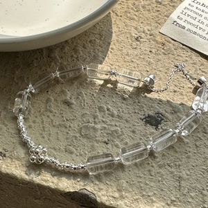 S925 Sterling Silver Bracelet with square white crystals and silver flower pendants