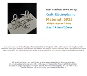 Detail of S925 sterling silver bow earrings with twisted rope texture and measurements