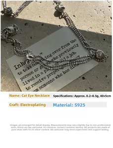 Detailed specs of S925 sterling silver triple-layer cat-eye necklace with beaded chain