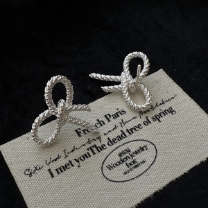 S925 Sterling Silver Twist Texture Bowknot Stud Earrings Vintage Korean Style Rhinestone Ear Jewelry For Women