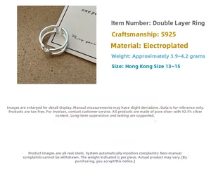 Close-up of S925 sterling silver double-layered ring with detailed weight and size info
