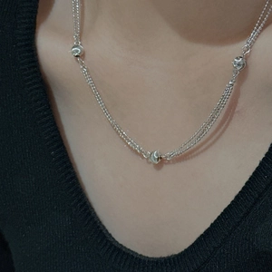 Three-layer S925 sterling silver chain necklace with round beads for a layered look