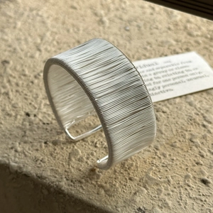 S925 Sterling Silver handcrafted wire-wrapped wide cuff bracelet with industrial stripe texture