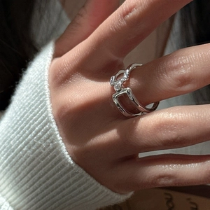 S925 sterling silver double-layered geometric ring with central crystal for women