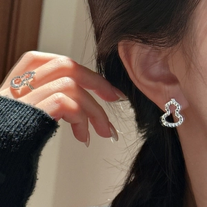 S925 Sterling Silver Gourd Jewelry Set with Ring and Stud Earrings in Geometric Cut Design