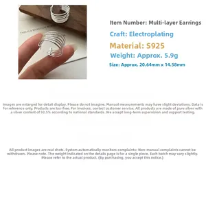 Macro detail of S925 sterling silver multilayer hoop earrings with technical dimensions