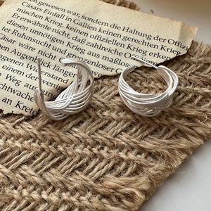 Minimalist S925 sterling silver woven C-shaped hoop earrings with matte finish texture