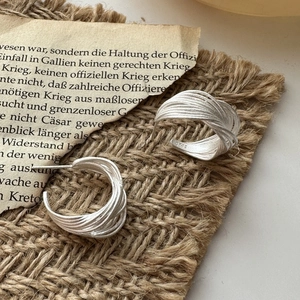 S925 sterling silver multilayer twisted C-hoop earrings with a brushed metallic texture