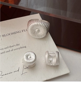 Detail of vintage textured S925 silver earring and ring set with radial pleat design