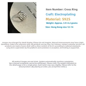 Detail view of S925 sterling silver multi-layer crossover ring with plating finish