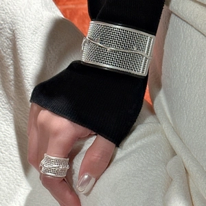 S925 sterling silver 3D grid cuff bracelet and ring set with textured vine patterns