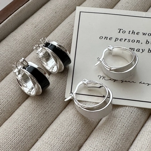 Vintage S925 Sterling Silver Enamel Huggie Hoop Earrings Minimalist Geometric Black White Ear Buckle Jewelry For Women