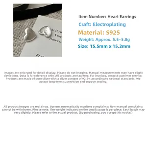 Macro detail of S925 sterling silver matte heart earrings with exact dimensions 15.5mm