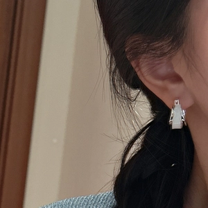 S925 sterling silver hoop earrings with rectangular white inlay and minimalist design