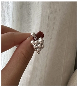 Close-up of S925 sterling silver grape cluster drop earrings with polished sphere finish