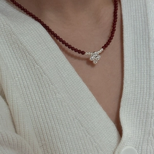 Retro S925 sterling silver beaded necklace with deep red garnet beads on model