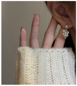 Close-up of S925 sterling silver grape cluster drop earrings worn with beige knit sweater