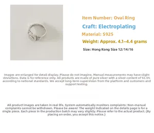 Détails de la bague ovale en argent S925 avec spécifications et guide des tailles