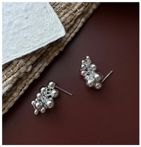Close-up of S925 sterling silver ball cluster stud earrings with a high-polished finish