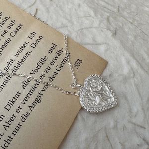 Vintage 925 Sterling Silver Heart Pendant Necklace For Women Minimalist Design Zirconia Star Hammered Texture Jewelry