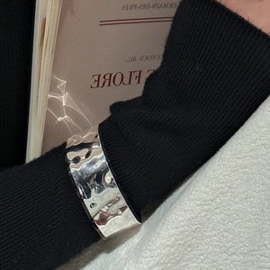 Minimalist S925 sterling silver wide cuff bracelet with irregular water ripple texture