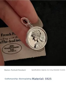 Macro detail of S925 silver coin pendant with 18.6mm diameter and engraved portrait