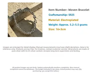 Detail of S925 sterling silver beaded woven bracelet with a 16+3cm extension chain