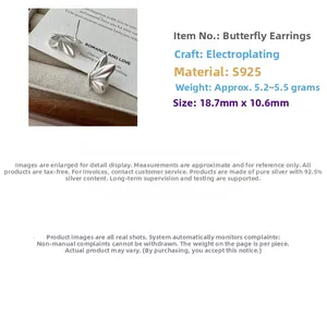 Detailed specs of S925 sterling silver matte butterfly earrings, size 18.7mm x 10.6mm