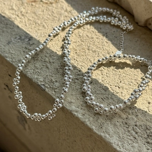 S925 sterling silver beaded braided bracelet and necklace set with adjustable chain
