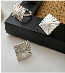 Macro shot of S925 silver square ring featuring sunburst texture and matte finish