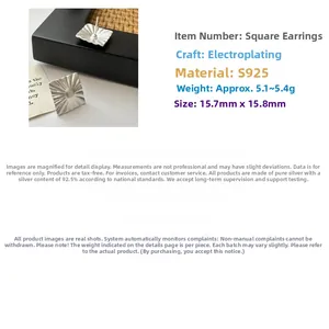 Macro shot of S925 sterling silver square earrings with matte pleated texture design