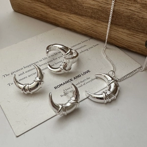 S925 sterling silver moon jewelry set with textured ring earrings and necklace