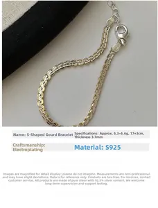 Detailed view of S925 sterling silver gourd bracelet with 17+3cm length and 3.7mm width