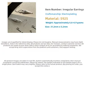 Detail view of S925 sterling silver teardrop earrings with dimensions and weight stats